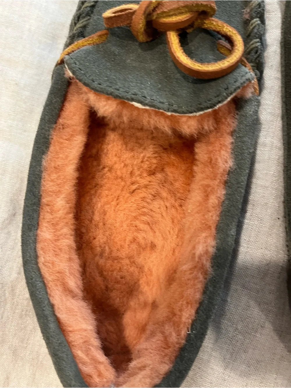 L. L. Bean Cozy Suede Moccasin Slippers in Olive with Rust Fur Lining